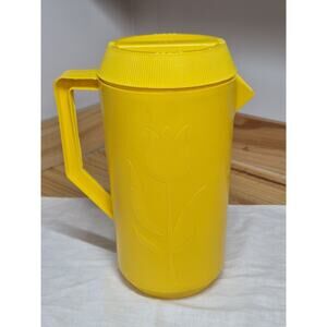 Vintage 1960s Yellow Embossed Plastic Pitcher Yellow Tulip Retro MCM 2Qt